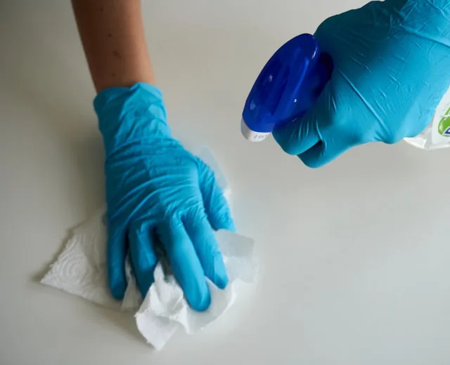 Gloved hands wiping down a surface during a deep clean.
